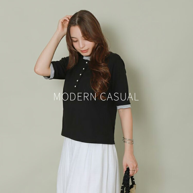 libellemore配色ヘンリーネックレイヤードTシャツ