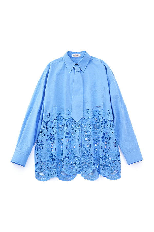 Hem Embroidery Neck Tie Shirt
